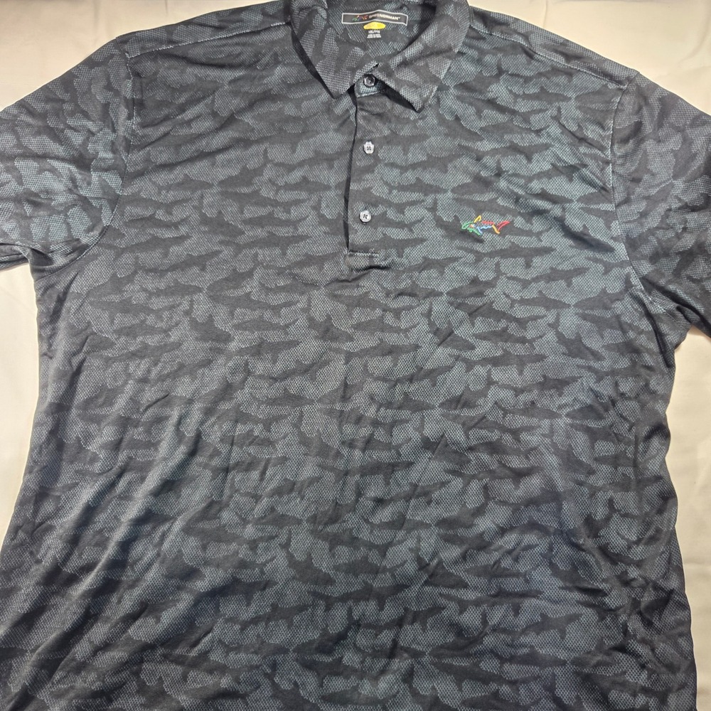 Greg Norman Play Dry Golf Polo Shirt XXL Mens Charcoal Black Shark Camo Print